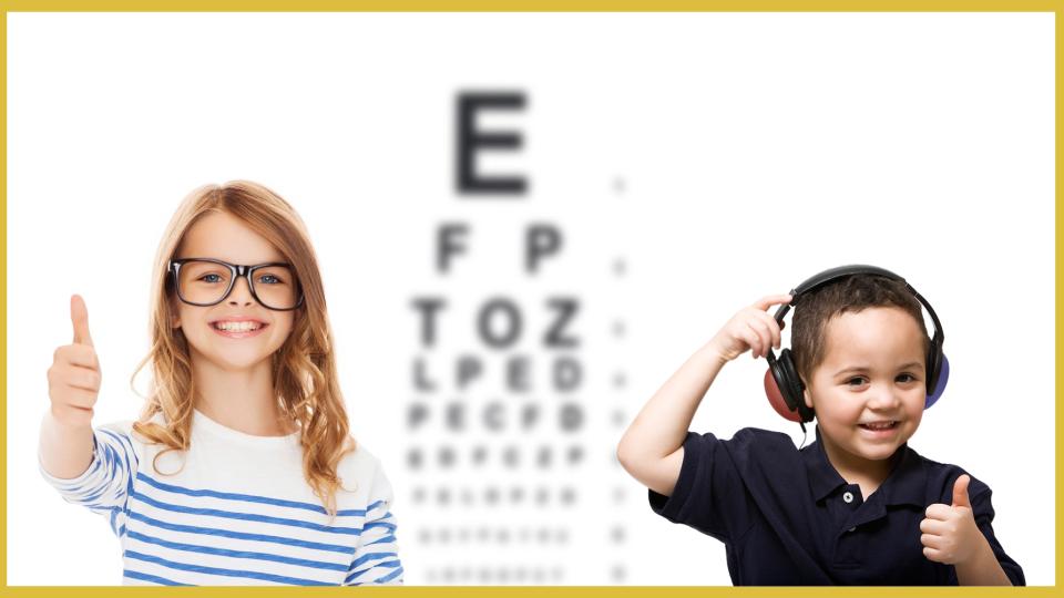 Girl having vision screening and boy having hearing test with thumbs up