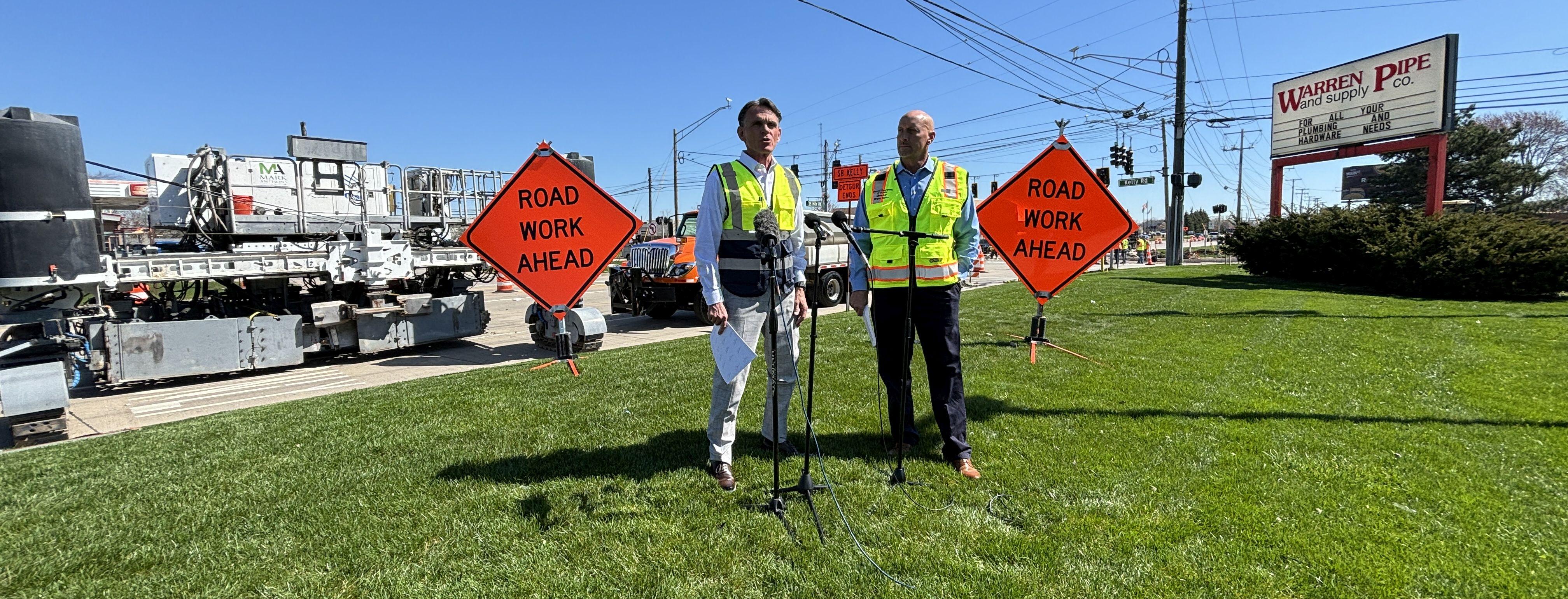 Executive Mark Hackel and Department of Roads Director Bryan Santo give remarks at National Work Zone Safety Week press conference