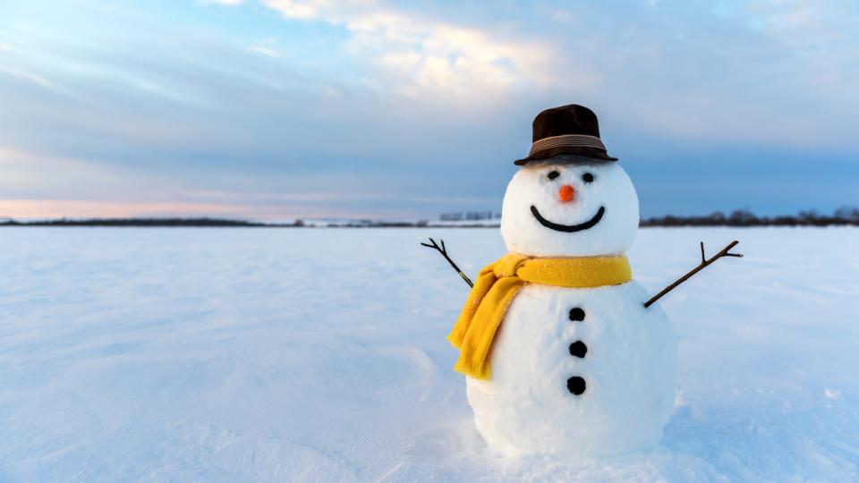 snowman stands in a snow covered field wrapped in a scarf