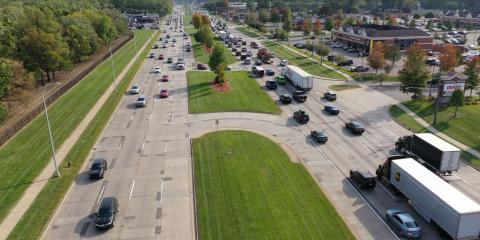 Aerial view of traffic traveling on Mound Road.