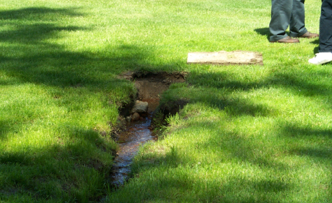 Trench through lawn with sewage from failing septic system