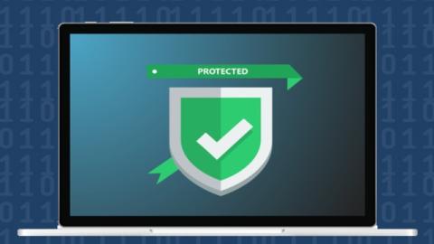 green shield on laptop screen with the word protected