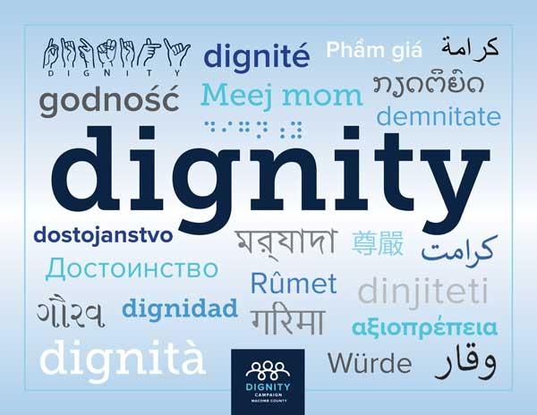 The word dignity in dark blue font on light blue background